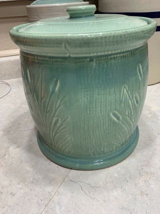 Vintage Red Wing Pottery Green Cattail Cookie Jar 3