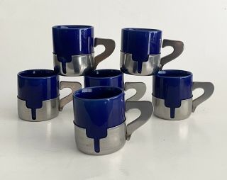 Vintage Inox Stainless Steel Espresso Cups With Cobalt Blue Insert
