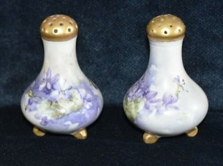 Vintage Hand Painted Salt And Pepper Shakers Purple Violets Gold Top