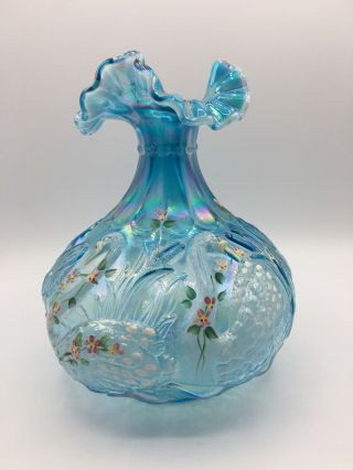 Vintage Fenton Hand Painted Signed Blue Swan Vase With Silver Crest