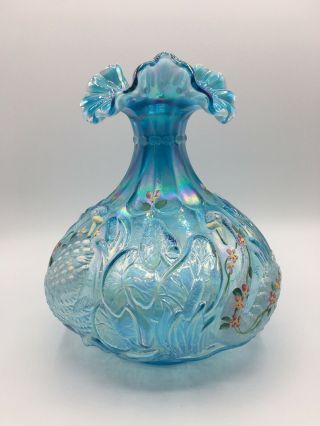 Vintage Fenton Hand Painted Signed Blue Swan Vase with Silver Crest 2