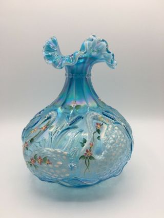Vintage Fenton Hand Painted Signed Blue Swan Vase with Silver Crest 3