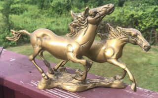 Vintage Solid Brass 2 Horses Running Figurine Stallion Mid Century Western Heavy
