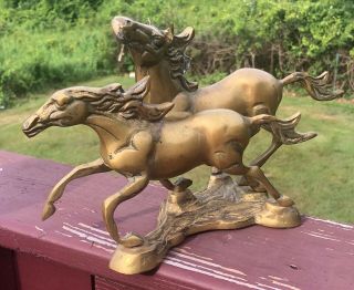 Vintage Solid Brass 2 Horses Running Figurine Stallion Mid Century Western Heavy 2