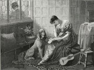 Dog Bloodhound & Woman Awaiting Return Of Soldier,  Large 1880s Antique Print