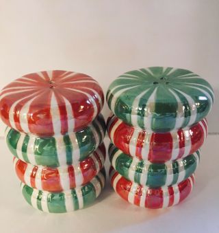 glossy Christmas PEPPERMINT Candy SALT and PEPPER Shakers Red Green White 2