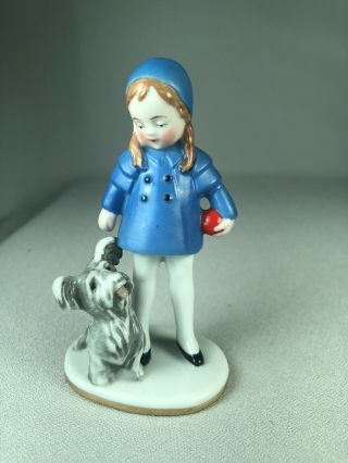 An Old Goebel Figurine Of A Skye Terrier Dog And Girl,  Hallmark 1914 - 1920
