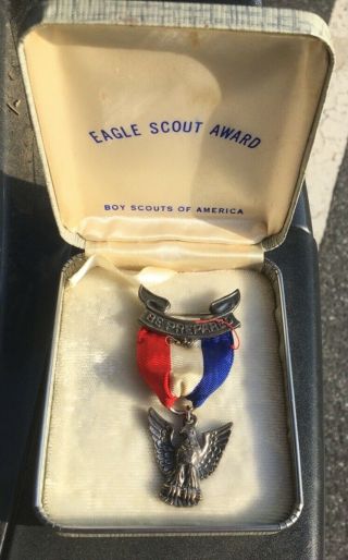 Vintage Sterling Silver Eagle Scout Pin Ribbon Be Prepared Bsa With Case