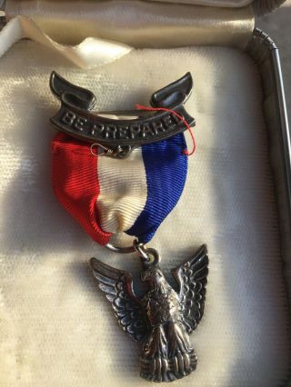Vintage Sterling Silver Eagle Scout Pin Ribbon Be Prepared BSA with case 2