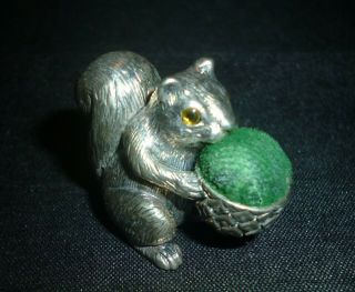 Vintage Novelty Sterling Silver Squirrel And Acorn Pin Cushion