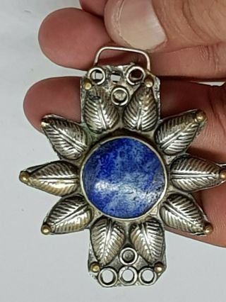 Extremely Rare Late Medieval Silvered Pendant With Lapis Stone 12 Gr 67 Mm