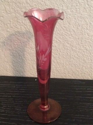 Vintage 6” Blown Glass Bud Vase Red With Etched Floral,  Ruffled Rim