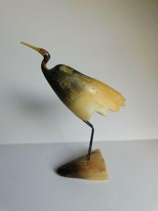 Vintage Bird of Horn Heron Carved from Steer Horn Figurine Dated 1968 Scrimshaw 3