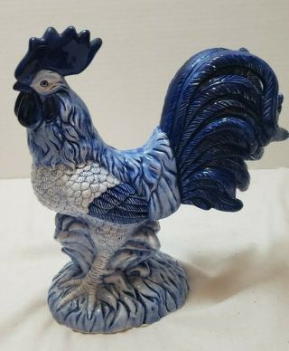 Vintage Blue And White Ceramic Rooster Statue Sculpture Figurine 10 " X 9 "