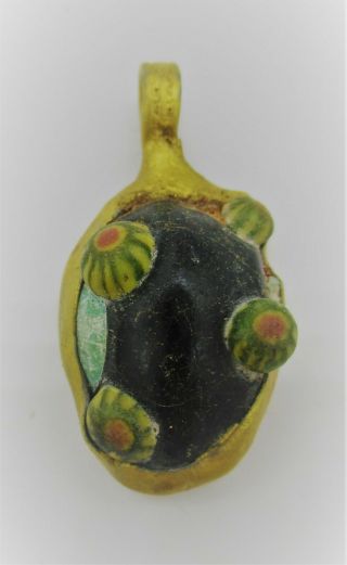 Ancient Phoenician Mosaic Glass Bead Pendant In A Gold Gilt Frame