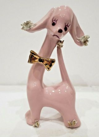 Vintage Pink Poodle Dog Figurine Japan Gold Bows Earrings Ceramic / Antique