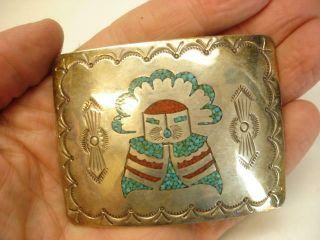 Vtg Zuni Chip Inlay Belt Buckle Sterling Silver Turquoise Coral Maiden Kachina