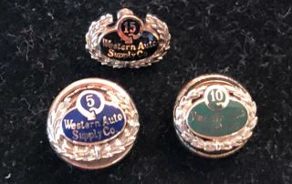 3 Vintage 5,  10,  15 Year Western Auto Supply Service Pins 10kt Gold Advertising