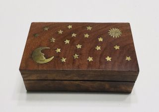 Vtg.  Wood Trinket Jewelry Box Brass Inlay Sun,  Moon & Stars Celestial Made India