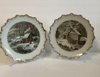 Set Of 2 Vintage Currier And Ives Decorative Plates With Gold Edges