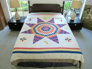 Needs Tlc Vintage All Cotton Hand Quilted Lone Star W/ Shining Moons Appliques