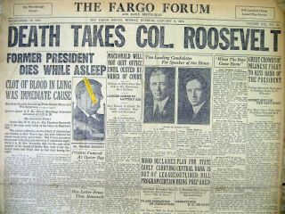 Best 1919 Headline Display Newspaper With Death Of Ex - President Teddy Roosevelt