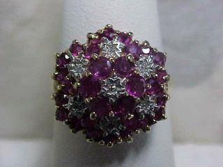 Vintage 1.  35ctw Natural Red Ruby & Diamond Floral Ring 10k Yellow Gold Sz6.  75