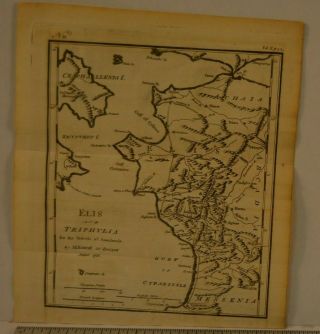 Antique 1795 Copper Plate Engraving Map Of Elis Ancient Greece 8x8 Inches