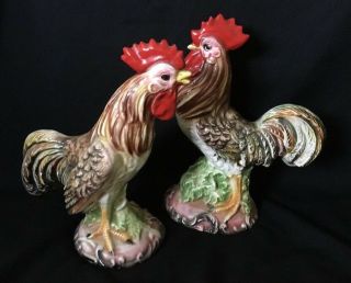 Vintage Italy Italian Pottery Ceramic Large Farm Rooster Chicken Figure Set Pair