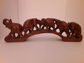 Vintage Carved Wooden Figurine Elephants Crossing Bridge Sculpture Art Decor