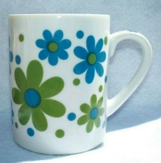 Vintage Mid Century Green & Blue Daisy Ceramic Coffee Mug