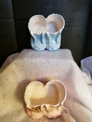 Set Of 2 Vintage Ceramic Baby Bootie Planters Pink And Blue Made In Japan