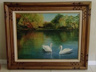 Vtg Pat Ricciardi Signed Autumn Swan Lake Oil Painting Framed 32 " X 26 "