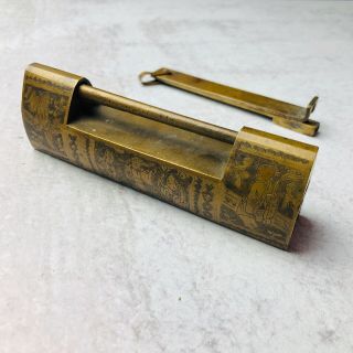 Antique Chinese Engraved Brass Padlock Vintage Trunk Heavy Lock W/ Keys