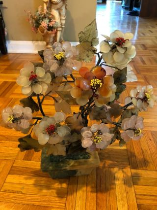 Vintage Hand Carved Jade And Quartz Flower Bonsai Tree 14”x12”