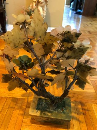 Vintage hand carved jade and quartz flower bonsai tree 14”x12” 2
