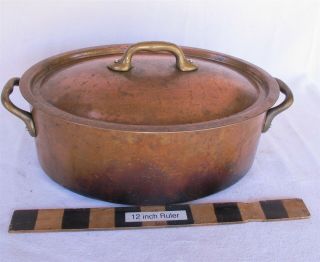 Vtg Mauviel France Made Heavy Copper / Stainless Lined Oval Casserole Pan 10 1/4