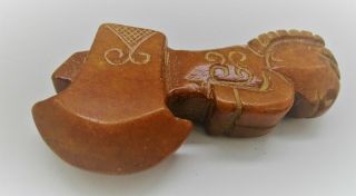 OLD CHINESE QING DYNASTY JADE CARVED STONE AXE WITH HORSE MOTIF 3