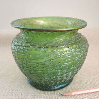 Loetz Crete Chine Vase Iridescent Art Nouveau Threaded Green Glass Bowl Vtg 1900