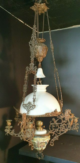 Napoleon Iii Bronze Chandelier Oil Lamp,  Cherubs Horses Candles,  Height Adjustable