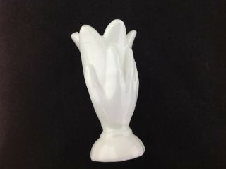 Small White Ceramic Hand Holding A Tulip Vase 3.  75 " Tall