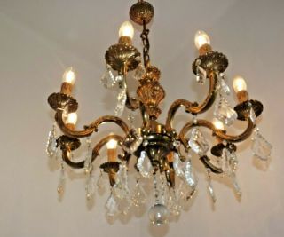 Magnificent French Antique Bronze 8 Arm Chandelier Clear Faceted Crystals 2101