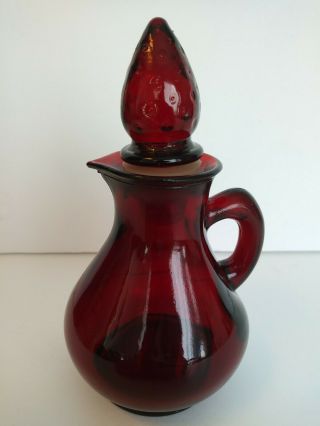 Vtg Avon Ruby Red Glass Cruet Bottle With Ruby Red Glass Strawberry Stopper