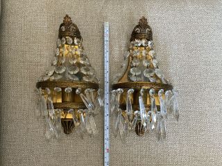 Antique Vintage Brass And Crystal Chandelier Wall Lamp Lights Sconces