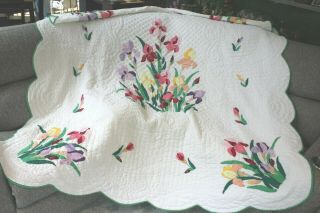 Vintage Quilt Hand Made Iris Flowers Bright Colors 75 " X 85 "