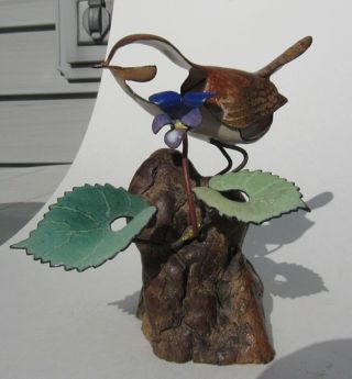 Vintage Enamel On Copper Bird And Flower Sculpture Art Norman Brumm