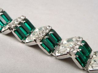 Weiss Vintage Art Deco Emerald Green White Rhinestone Bracelet Silvertone Estate