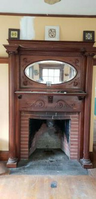 Antique Fireplace Mantel And Surround With Beveled Mirror And Columns