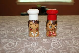 Vintage Wooden Salt And Pepper Shakers And Apron With Matching Chef 
