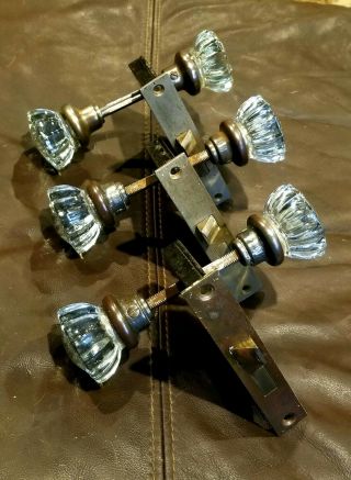 Vintage 12 Point Faceted Glass & Brass Door Knobs With Mortise Locks - 3 Pair